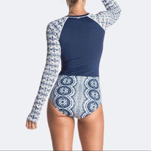 Load image into Gallery viewer, UPF longsleeve swimsuit Le Bleu Rashguard surfsuit navy blue white modest swim surf snorkel paddle womens cruise resort paddle board 2024
