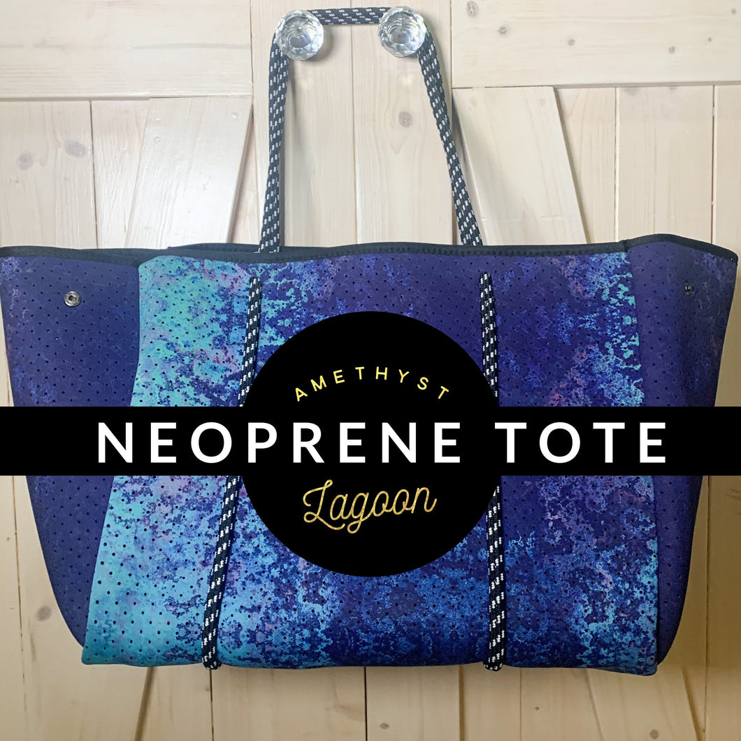 Neoprene TOTE - Amethyst Lagoon: violet purple blue bag +weathered aqua turquoise teal Beach Pool Lake Travel catch-all waterproof washable