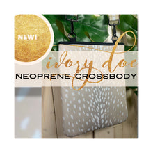 Load image into Gallery viewer, crossbody: Ivory Doe light beige NEOPRENE messenger bag / purse + white deer speckled print w/ adjustable racing stripe shoulder strap
