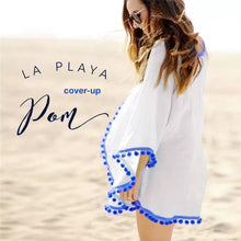 Load image into Gallery viewer, La Playa POM: Cover Up / Swim Wrap - white chiffon + blue pom - one size fits S -XL
