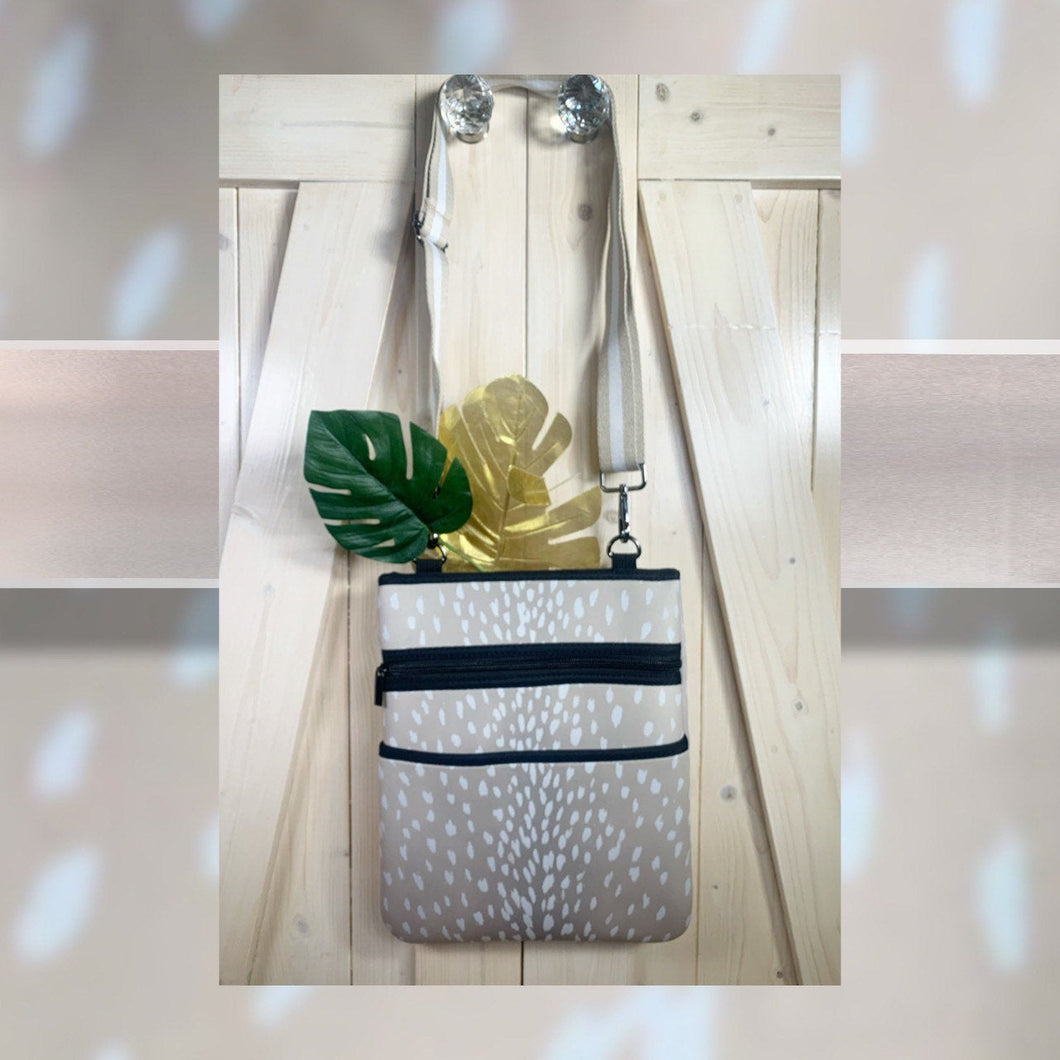 crossbody: Ivory Doe light beige NEOPRENE messenger bag / purse + white deer speckled print w/ adjustable racing stripe shoulder strap