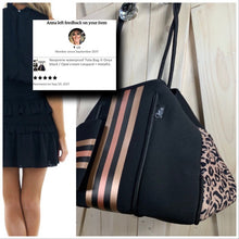 Load image into Gallery viewer, NWT © Onyx Leopard 2.0 black neoprene Tote w/ dark leopard &amp; taupe sides + metallic gold and rose-gold racing stripes ( bright gold lining )
