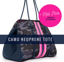 Load image into Gallery viewer, new Neoprene Tote Navy blue Camo + hot pink racing stripes + various: grey gray silver /aquamarine geode / pink/ Cheetah Leopard Deer
