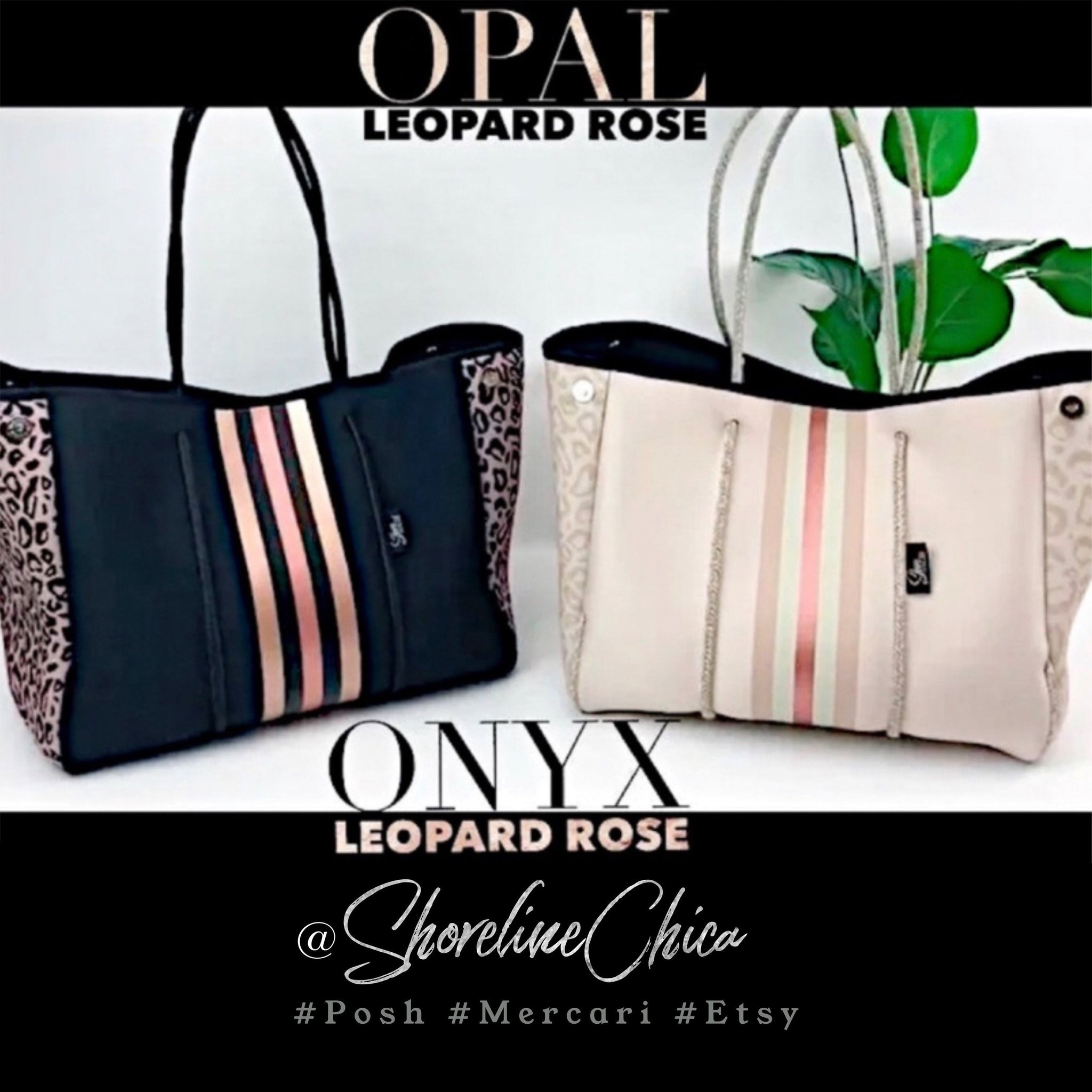 Opal cream / orders Onyx black Leopard Rose neoprene TOTE Bag