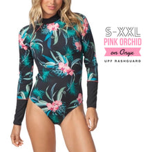 Load image into Gallery viewer, S-XXL UPF Rashguard Pink Orchid on Onyx swimsuit black pink turquoise modest surf swim pool beach women ladies
