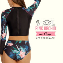 Load image into Gallery viewer, S-XXL UPF Rashguard Pink Orchid on Onyx swimsuit black pink turquoise modest surf swim pool beach women ladies
