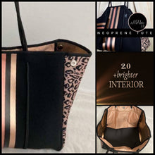 Load image into Gallery viewer, NWT © Onyx Leopard 2.0 black neoprene Tote w/ dark leopard &amp; taupe sides + metallic gold and rose-gold racing stripes ( bright gold lining )
