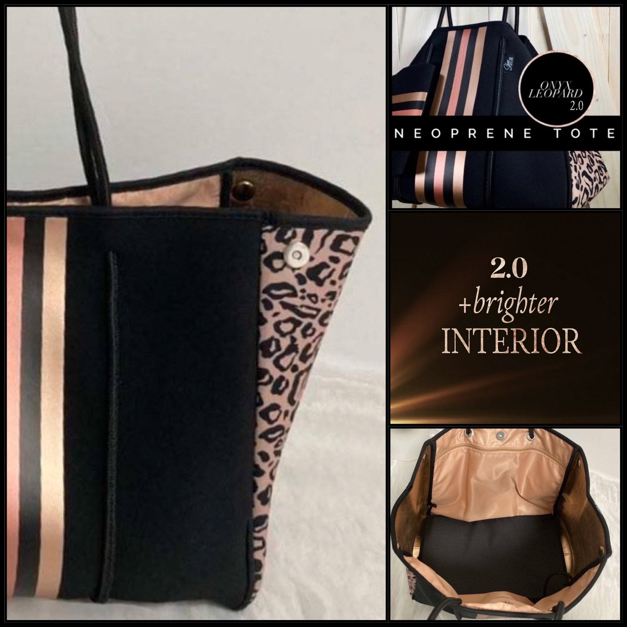 Onyx Leopard 2.0 best seller shops tote upgraded - black neoprene bag + gold rose-gold