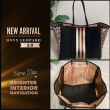 Load image into Gallery viewer, NWT © Onyx Leopard 2.0 black neoprene Tote w/ dark leopard &amp; taupe sides + metallic gold and rose-gold racing stripes ( bright gold lining )
