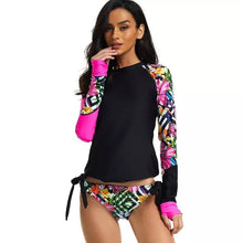 Load image into Gallery viewer, S-2XL surf-crop swimsuit Mar-a-Lago Mariposa 2-pc UPF surfsuit bikini rashguard black &amp; neon hot pink top w/ butterflies hibiscus bikini side-tie

