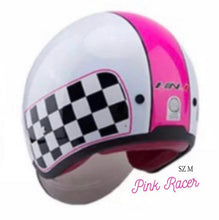 Load image into Gallery viewer, NWT Helmet - His &amp; Her M/L Prix Black Racer + white racing checks w brick red interior ABS - dot certified motorcycle safety w clear visor
