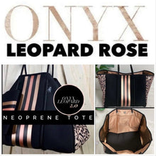 Load image into Gallery viewer, NWT © Onyx Leopard 2.0 black neoprene Tote w/ dark leopard &amp; taupe sides + metallic gold and rose-gold racing stripes ( bright gold lining )
