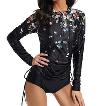 Load image into Gallery viewer, swim-dress HYBRID 2-pc swimsuit rash-guard top dress gathers extends over modest mid-rise brief black yellow wildflower or white noise upf
