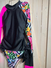 Load image into Gallery viewer, S-2XL surf-crop swimsuit Mar-a-Lago Mariposa 2-pc UPF surfsuit bikini rashguard black &amp; neon hot pink top w/ butterflies hibiscus bikini side-tie
