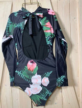 Load image into Gallery viewer, Rashguard Ebony &amp; Peony black one-piece swimsuit + pink white peony florals
