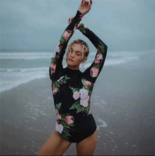 Load image into Gallery viewer, Rashguard Ebony &amp; Peony black one-piece swimsuit + pink white peony florals
