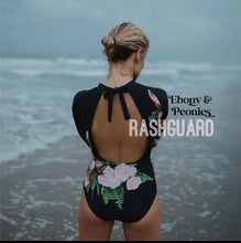 Load image into Gallery viewer, Rashguard Ebony &amp; Peony black one-piece swimsuit + pink white peony florals
