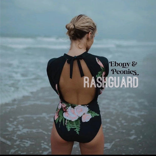 Rashguard Ebony & Peony black one-piece swimsuit + pink white peony florals