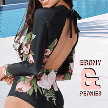 Load image into Gallery viewer, Rashguard Ebony &amp; Peony black one-piece swimsuit + pink white peony florals
