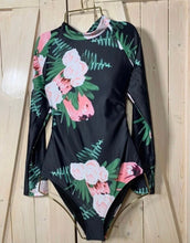 Load image into Gallery viewer, Rashguard Ebony &amp; Peony black one-piece swimsuit + pink white peony florals
