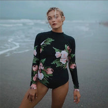 Load image into Gallery viewer, Rashguard Ebony &amp; Peony black one-piece swimsuit + pink white peony florals
