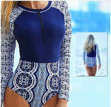 Load image into Gallery viewer, UPF longsleeve swimsuit Le Bleu Rashguard surfsuit navy blue white modest swim surf snorkel paddle womens cruise resort paddle board 2024
