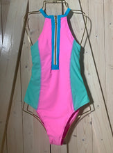 Load image into Gallery viewer, Sherbet Swim 2 variations longsleeve rashguard or halter one-piece sleeveless swimsuit - both bright pastel pink blue aqua neon colorblock
