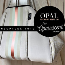 Load image into Gallery viewer, NWT Opal Leopard Rose 2.0 TOTE smooth ivory cream neoprene bag +shabby mint &amp; chic metallic rose gold racing stripes + opalescent interior
