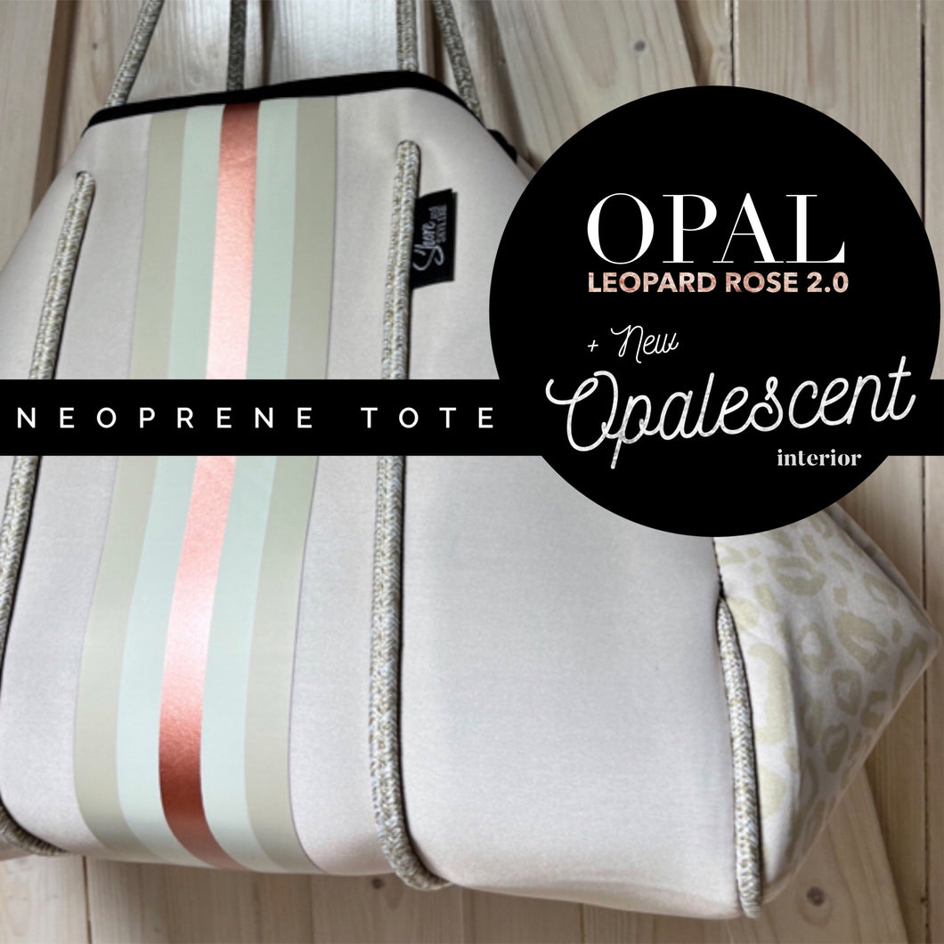 NWT Opal Leopard Rose 2.0 TOTE smooth ivory cream neoprene bag +shabby mint & chic metallic rose gold racing stripes + opalescent interior