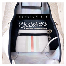 Load image into Gallery viewer, NWT Opal Leopard Rose 2.0 TOTE smooth ivory cream neoprene bag +shabby mint &amp; chic metallic rose gold racing stripes + opalescent interior
