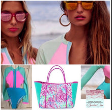 Load image into Gallery viewer, new Pink Coral Reef Neoprene Tote waterproof bag hot pink paracords &amp; interior + aqua turquoise sides w baseboard rain snow shore 2023
