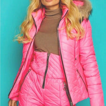 Load image into Gallery viewer, nwt Chalet Puffer coordinate 2pc SET snow / ski jacket &amp; high waisted pant in S - XL pink black red hooded coat top + snow bottom
