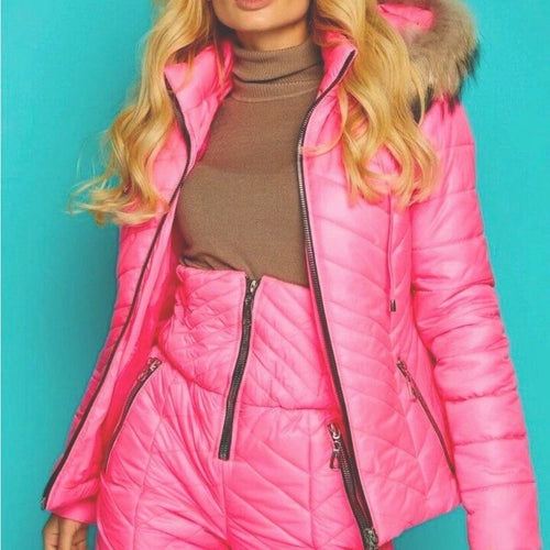 nwt Chalet Puffer coordinate 2pc SET snow / ski jacket & high waisted pant in S - XL pink black red hooded coat top + snow bottom