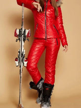 Load image into Gallery viewer, nwt Chalet Puffer coordinate 2pc SET snow / ski jacket &amp; high waisted pant in S - XL pink black red hooded coat top + snow bottom
