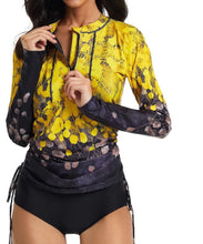 Load image into Gallery viewer, swim-dress HYBRID WILDFLOWER black yellow or white 2-pc rashguard top gathers over mid-rise brief or extends swimsuit into upf 50 cover-up
