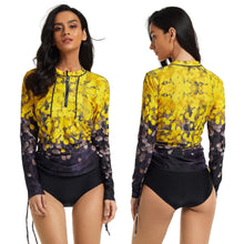 Load image into Gallery viewer, swim-dress HYBRID WILDFLOWER 2-pc rash-guard top gathers for modest fit over black mid-rise brief or extends swimsuit over curves upf 50
