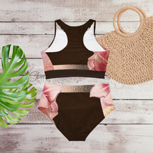 Load image into Gallery viewer, XS-XL swimsuit Pink Quartz Hibiscus on dark chocolate aqua sport bikini womens UPF 40+ black brown floral two-piece shore sports women
