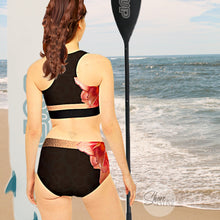 Load image into Gallery viewer, XS-XL swimsuit Pink Quartz Hibiscus on dark chocolate aqua sport bikini womens UPF 40+ black brown floral two-piece shore sports women
