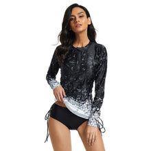 Load image into Gallery viewer, swim-dress HYBRID 2-pc swimsuit rash-guard top dress gathers extends over modest mid-rise brief black yellow wildflower or white noise upf
