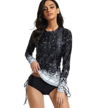 Load image into Gallery viewer, swim-dress HYBRID WILDFLOWER black yellow or white 2-pc rashguard top gathers over mid-rise brief or extends swimsuit into upf 50 cover-up
