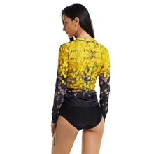 Load image into Gallery viewer, swim-dress HYBRID WILDFLOWER black yellow or white 2-pc rashguard top gathers over mid-rise brief or extends swimsuit into upf 50 cover-up
