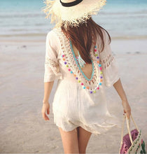 Load image into Gallery viewer, Polka Dot Pom cream cover-up beach tunic multi-colored pom fringe scoop back with cream crochet detail front &amp; back turquoise tassel detail
