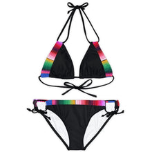 Load image into Gallery viewer, XS - XL Baronesa Bikini - Serape Olé stripes or Bamba Floral + black or white strappy halter tie swimsuit two-piece women teen lake beach
