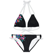 Load image into Gallery viewer, XS - XL Baronesa Bikini - Serape Olé stripes or Bamba Floral + black or white strappy halter tie swimsuit two-piece women teen lake beach
