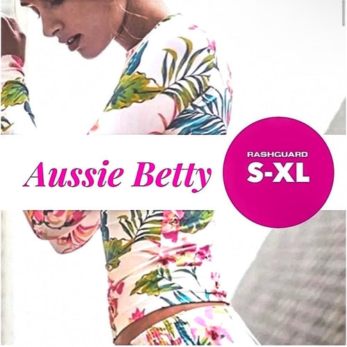 Aussie Betty UPF Board Crop 2-pc swimsuit S - XL longsleeve rashguard padded top + bikini surf bottom white pink turquoise blue reef florals