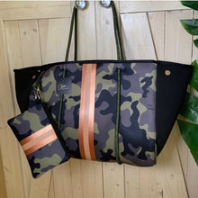 Load image into Gallery viewer, nwt Camo Luxe Rose 2.0 Neoprene Tote Bag + luminous metallic ROSE GOLD stripes w added top zip closure women light purse waterproof ShoreAndSkyline Shore and Skyline
