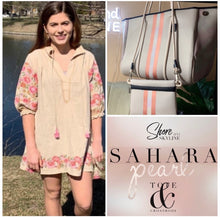 Load image into Gallery viewer, © Sahara Pearl waterproof tote &amp; crossbody sand beige premium neoprene + pearlescent &amp; sunset rose-gold stripes &amp; champagne mirage interior holiday gift ShoreAndSkyline
