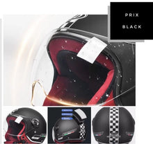 Load image into Gallery viewer, NWT Helmet - His &amp; Her M/L Prix Black Racer + white racing checks w brick red interior ABS - dot certified motorcycle safety w clear visor
