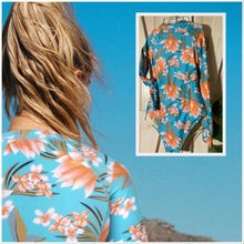 Load image into Gallery viewer, UPF Rashguard COSTA PLUMERIA swimsuit surfsuit longsleeve aqua turquoise coral
