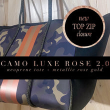 Load image into Gallery viewer, nwt Camo Luxe Rose 2.0 Neoprene Tote Bag + luminous metallic ROSE GOLD stripes w added top zip closure women light purse waterproof ShoreAndSkyline Shore and Skyline
